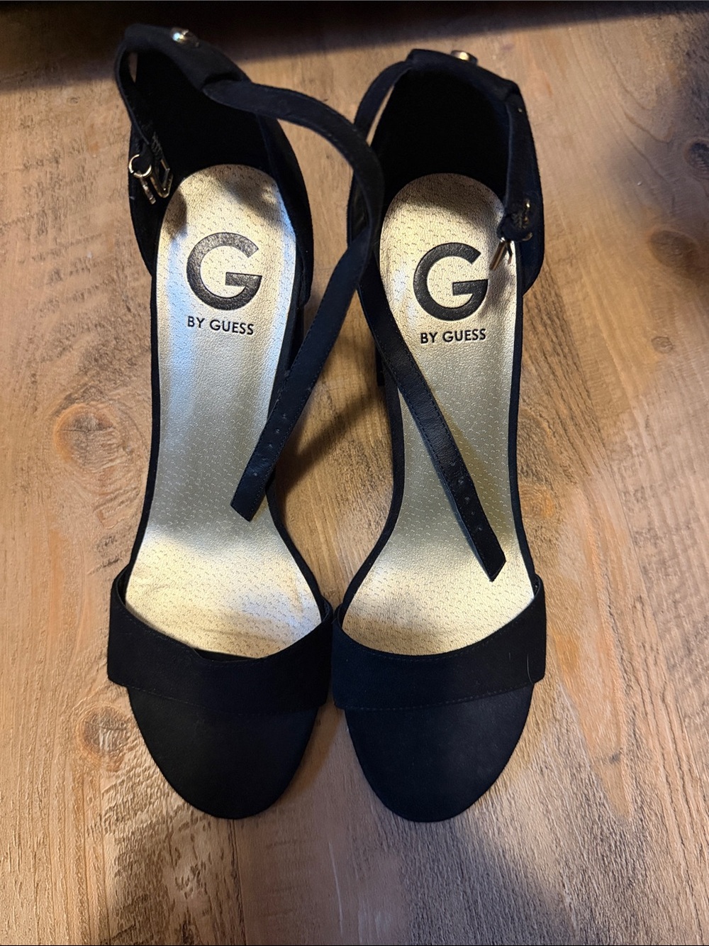 G by Guess Black Suede Open-Toe Ankle-Strap Heels